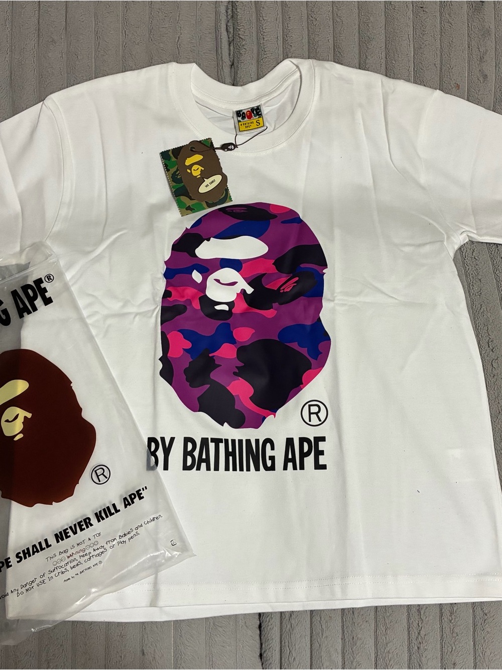 White T-Shirt with Purple Camo Ape Graphic